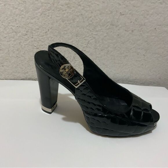 Tory Burch Allison Croc Peep Toe Sling Back Shoes Heels - Picture 1 of 10